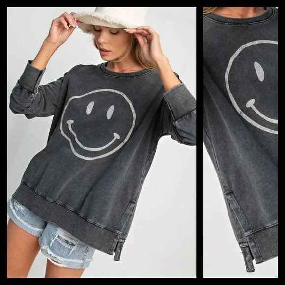 EASEL "All Smiles"  Mineral Washed 100% Soft Cotton Terry Knit Tunic Side Slits - Picture 10 of 11